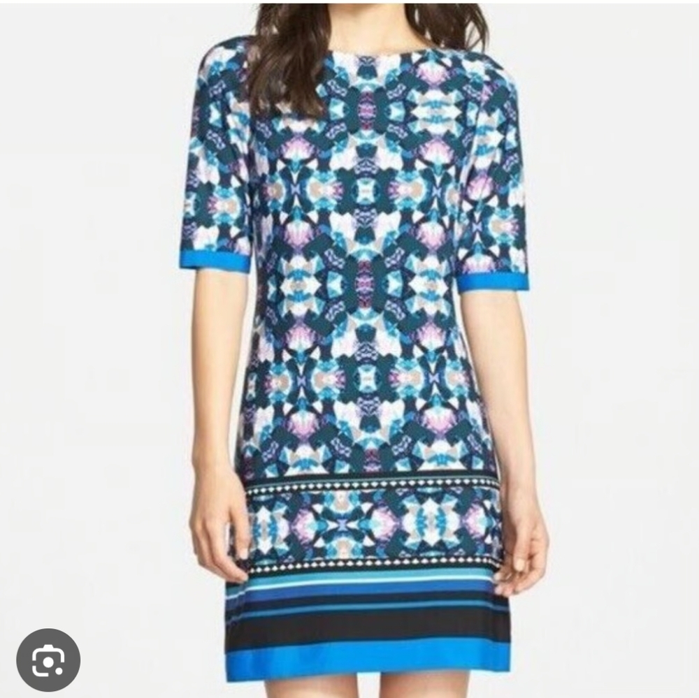 Eliza J Women's Size 6P Blue Black Geometric Print Half Sleeve Sheath Dress